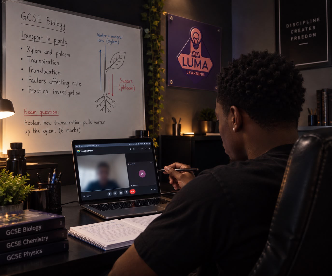 A Luma Learning tutor delivering a live online GCSE Biology lesson over video call, with lesson notes on a whiteboard behind him.