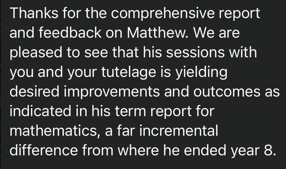 Screenshot of a message from Matthew's parent about improvements and outcomes in mathematics.