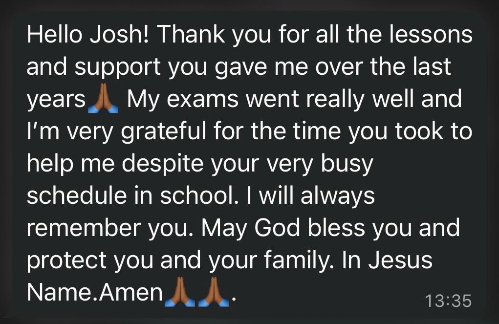 Screenshot of a message from a former student thanking tutor Joshua for his lessons and support.