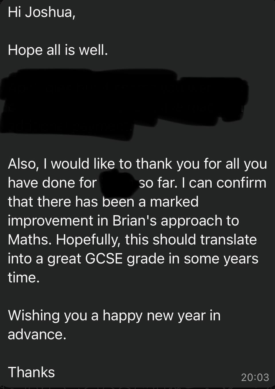 Screenshot of a longer message from a parent thanking the tutor for helping their child, with personal details redacted.