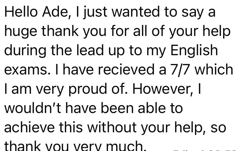 Screenshot of a message thanking tutor Ade, reporting a 7 out of 7 result in English.